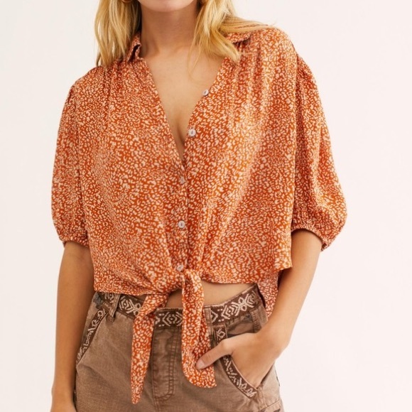 Free People Tops - Free People Womens Small Orange Celia Button-Up Top With Front Tie